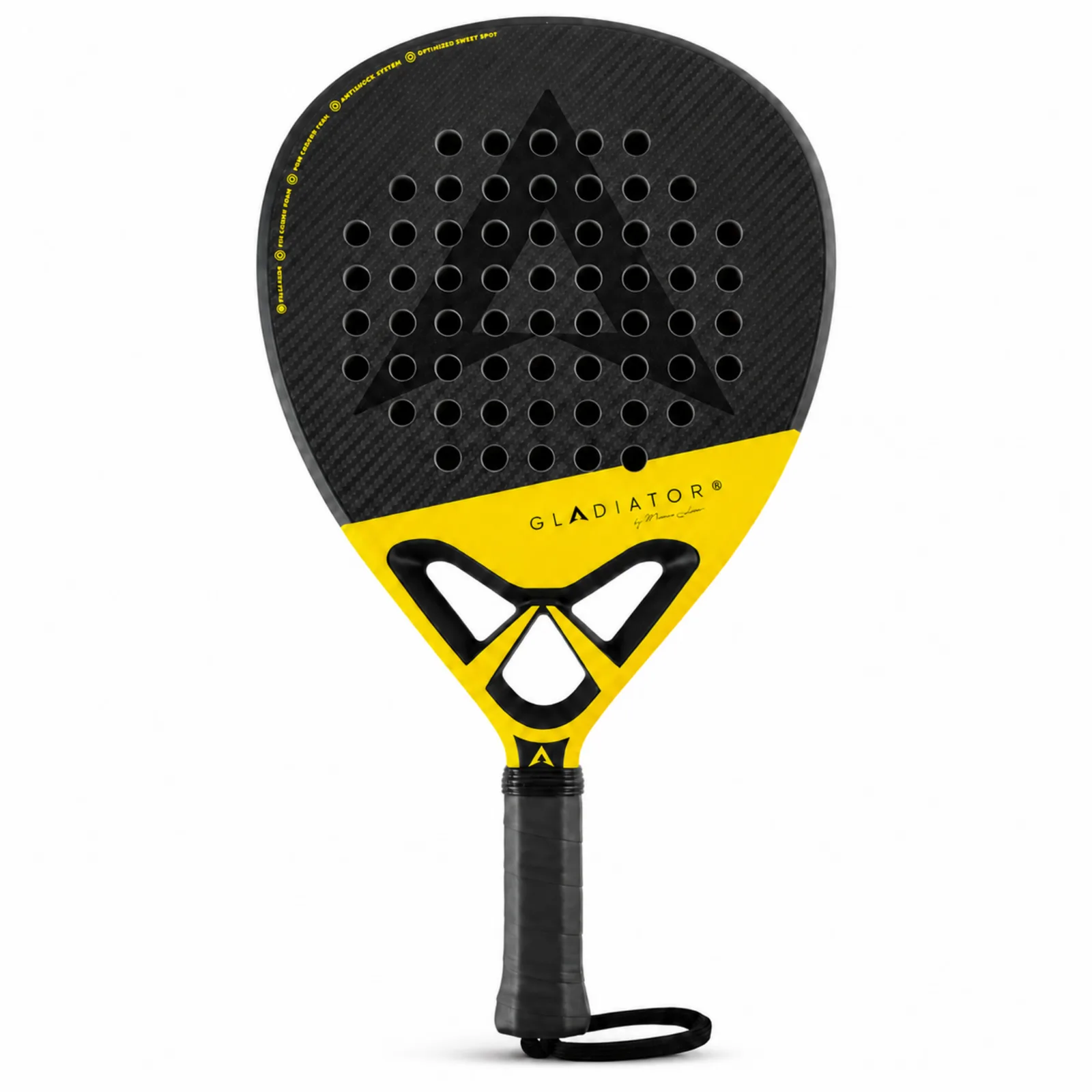 Auro Gladiator padel racket, front view: black carbon face and yellow bridge