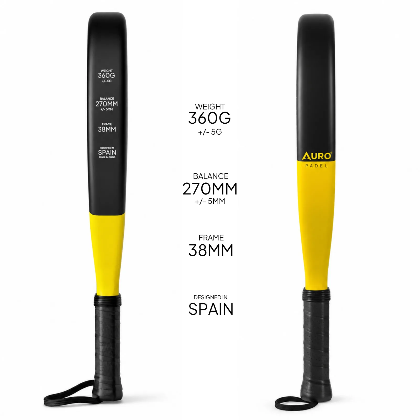 Both faces of the Auro Gladiator in profile, with weight, balance and frame printed