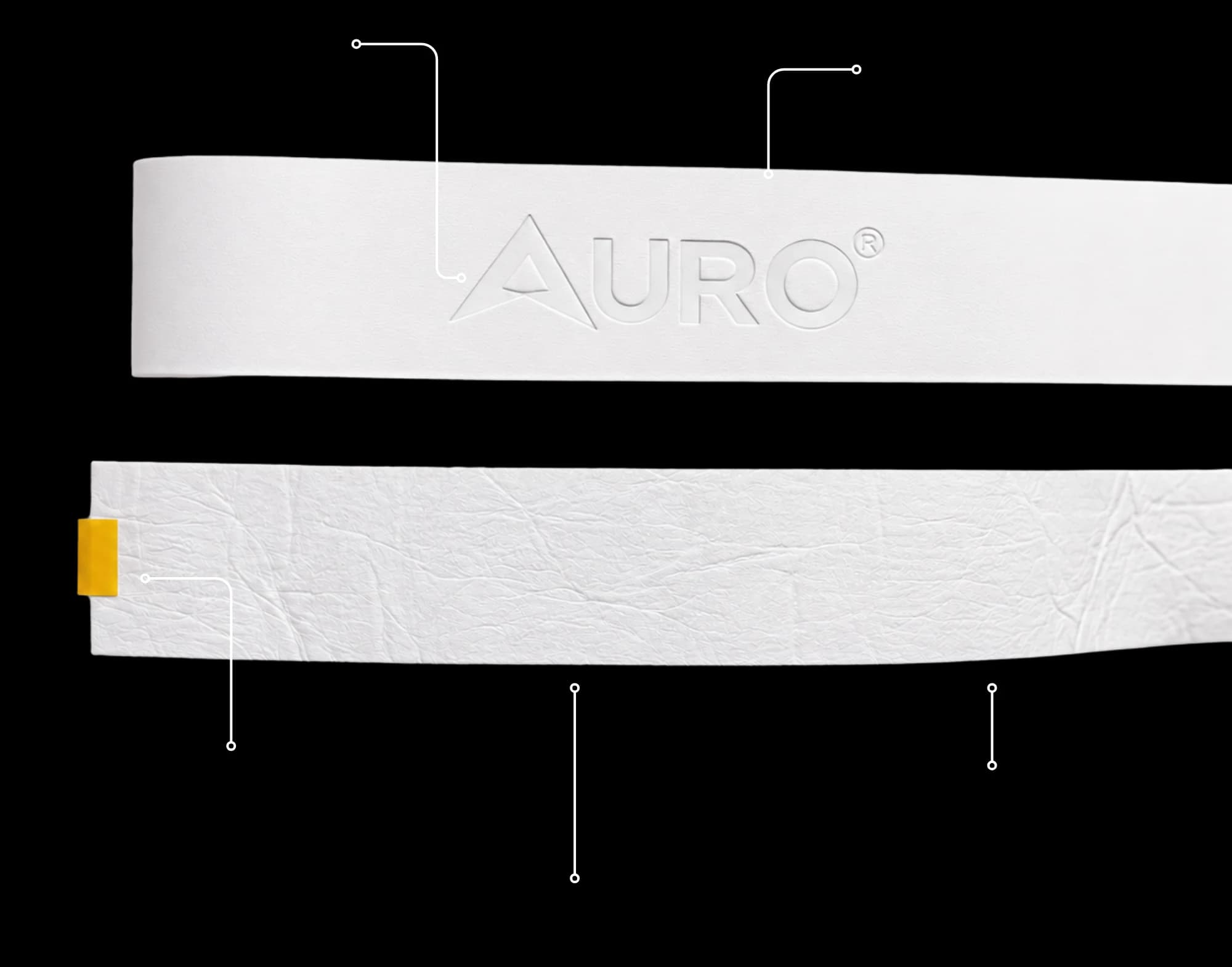 El Auro Overgrip por sus dos caras: la del símbolo AURO en relieve y el dorso con su doble cinta de plástico.