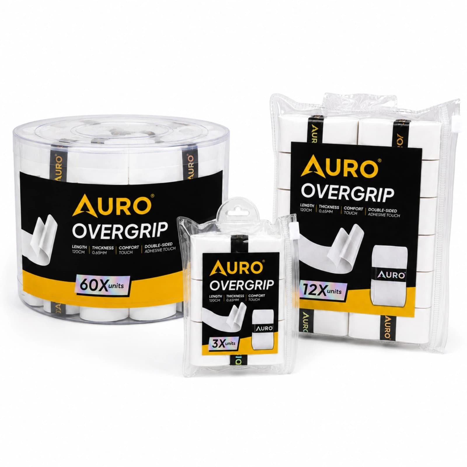 The three Auro Overgrip formats together: 60-unit club drum, 12-unit pouch and 3-unit pack.